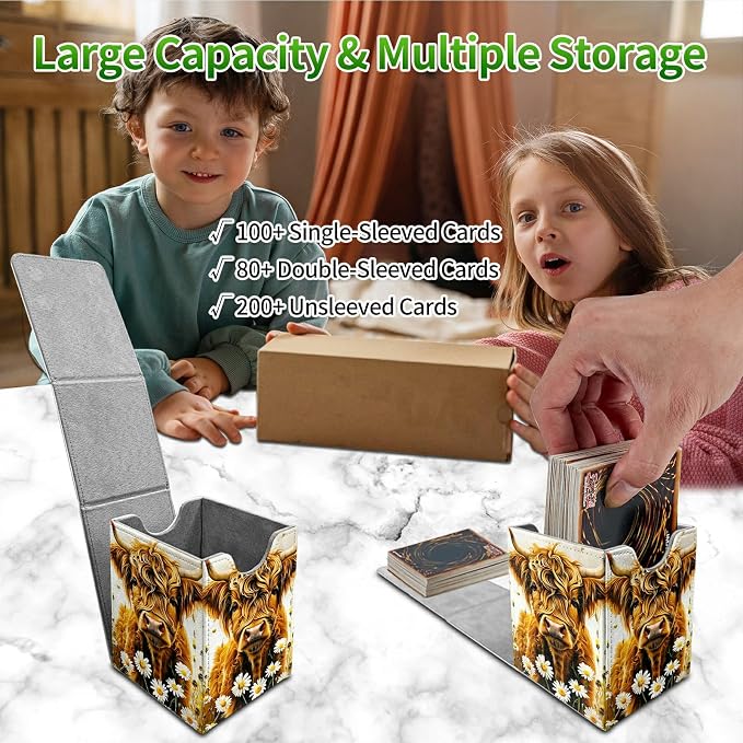 Deck Box for MTG, Cards Storage Box Fits 120+ Sleeved, Leather Medium Size Strong Magnetic Closing Card Case for Board Games Magic TCG CCG Baseball Collection, Flower Yellow Cow