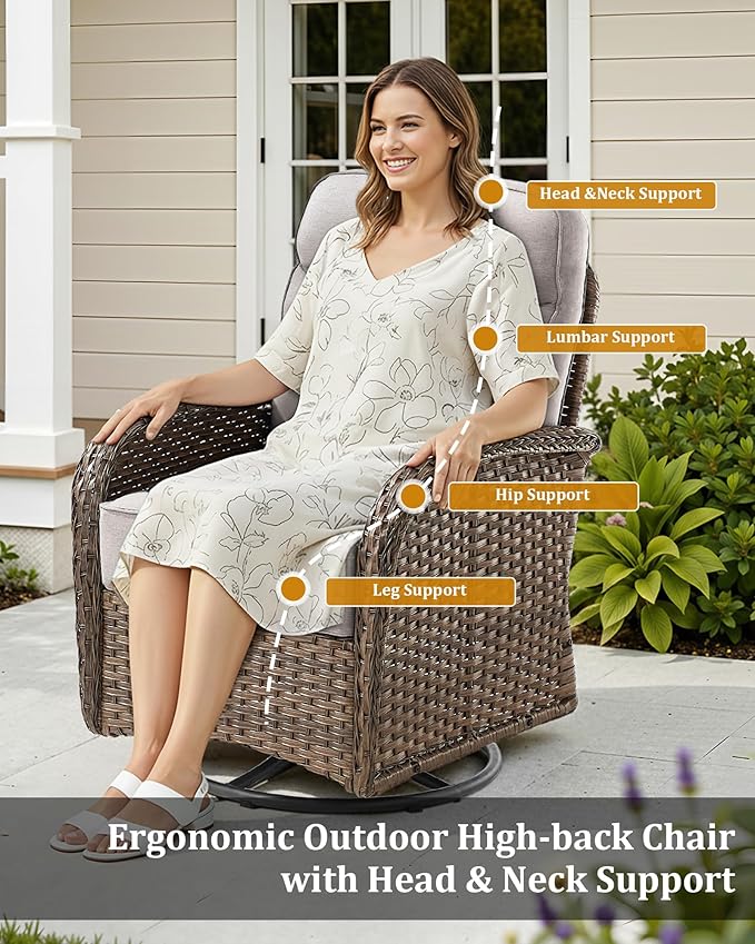 10-Piece Luxury Patio Furniture Set with 6-Inch Thick Cushions, High-Back Outdoor 4 Swivel Rocking Chairs with Wicker Coffee Table, All-Weather Conversation Set for Porch, Deck, Yard Beige