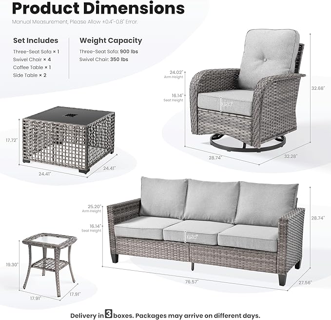 ovios 8 Pieces Patio Furniture Set, Outdoor Wicker Sofa Couch with Rocking Swivel Chairs Solar Lights Table, Modern Deep Seat Rattan Conversation Sets for Deck Porch, Dark Grey