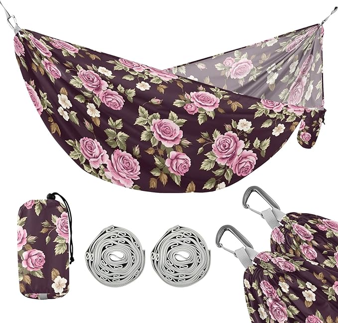 Camping Hammock Outdoor Hammocks for Outside Floral Rose Peony Beach Trees Portable Lightweight with Pockets Tree Straps Indoor