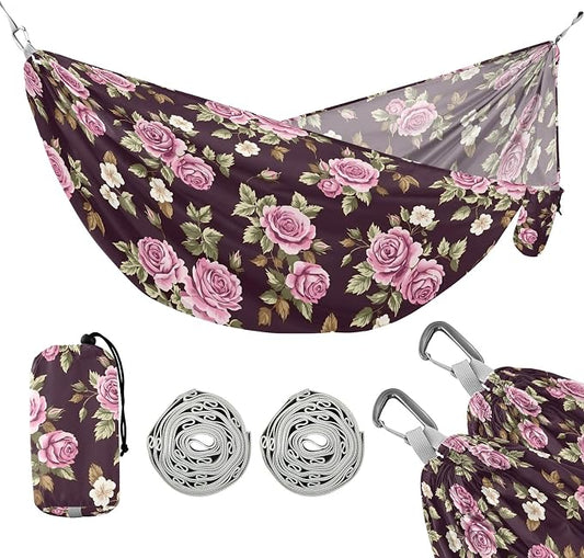 Camping Hammock Outdoor Hammocks for Outside Floral Rose Peony Beach Trees Portable Lightweight with Pockets Tree Straps Indoor