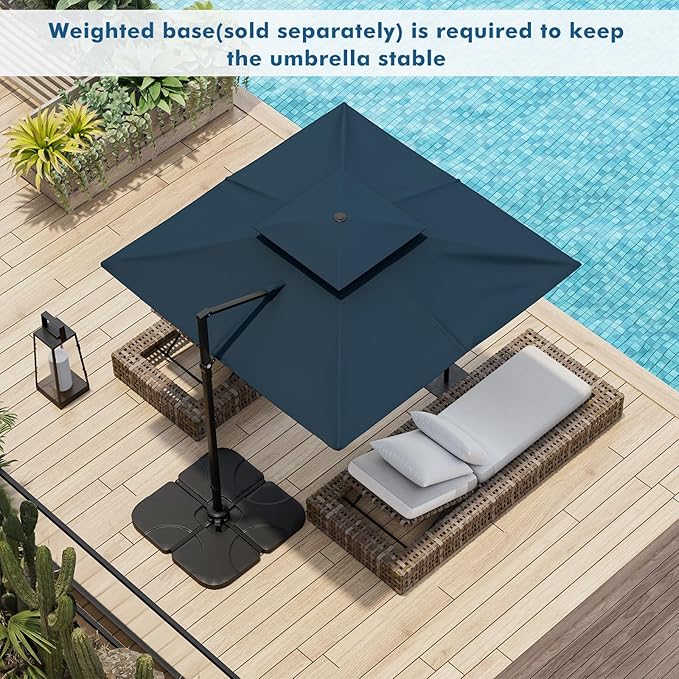 Tangkula 9.5 FT Cantilever Patio Umbrella, Outdoor Square Offset Umbrella with 360° Rotation, Double Top Heavy Duty Patio Hanging Umbrella with Cross Base for Garden Deck Pool Backyard (Navy)