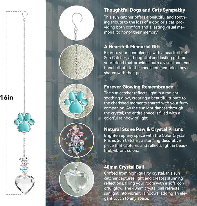 Dog Memorial Gifts for Loss of Dog, Pet Sympathy, Dog Memorial Suncatcher | Thoughtful Dogs and Cats Bereavement Remembrance Gifts, Natural Cat's Eye Paw Crystal Suncatcher