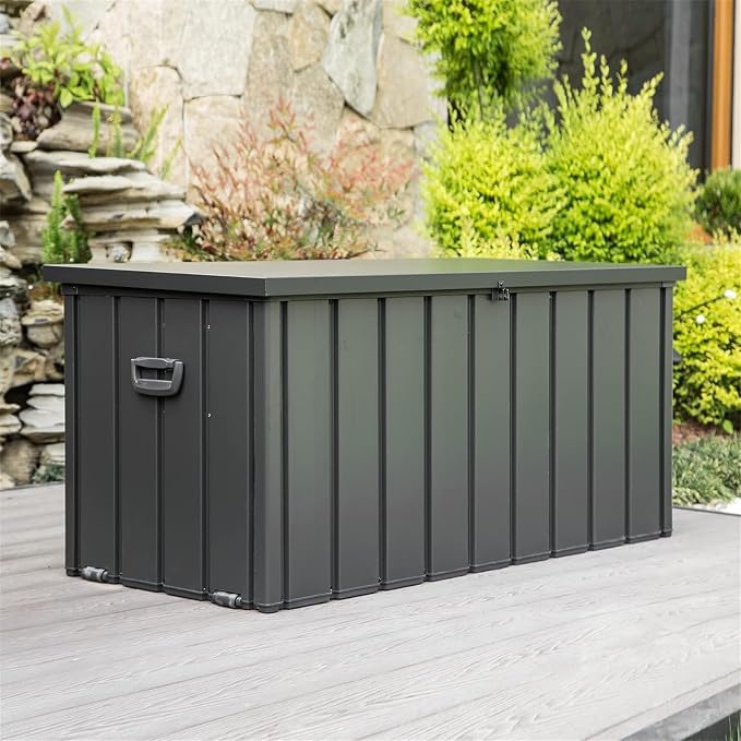 100 Gallon Outdoor Storage Box, Waterproof Deck Box, Patio Storage Bin with Lockable Lid, Deck Storage Containers for Patio Furniture Cushions, Pool Accessories, Garden Tools - Dark Gray