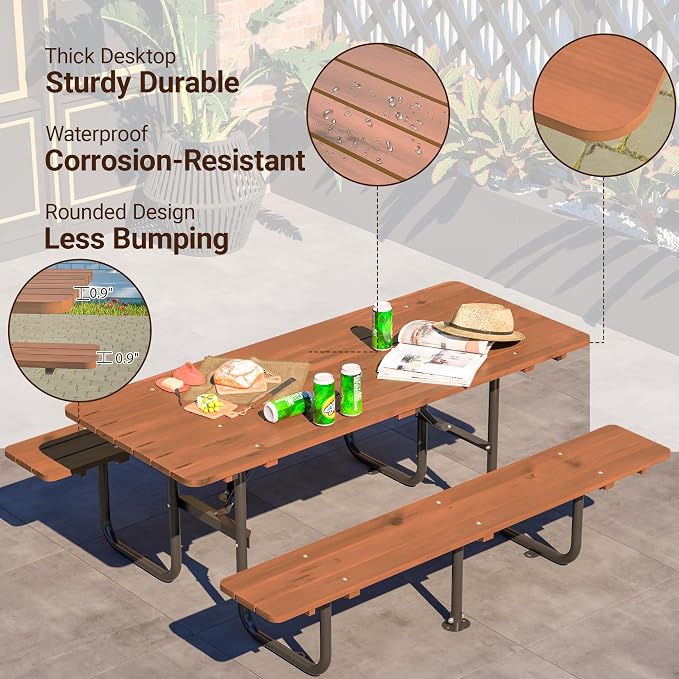 72" Rectangular Outdoor Picnic Table - 6 Person Brown Wooden Dining Set with Built-in Benches, Ideal for Garden BBQ & Courtyards