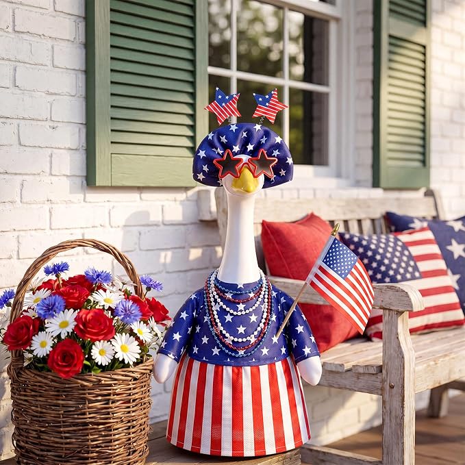 4th of July Porch Goose Outfit American Flag Goose Dress 250th Anniversary Red White and Blue Clothes with Star Headband Costume, Veterans Day Patriotic Yard Decor for 23" Gooses Statue
