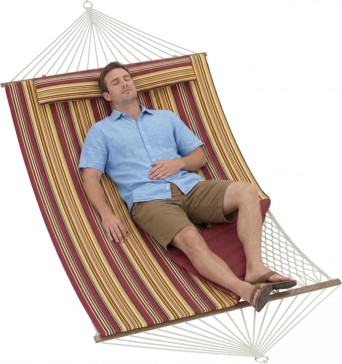 Takywep 2 Person Hammock with Polyester-Cotton Pad, 12FT Double Hammock with Wooden Spreader Bar, Removable Pillow, 450LBS Capacity, 2-in-1 Outdoor Hammock for Patio, Garden, Beach (No Stand)