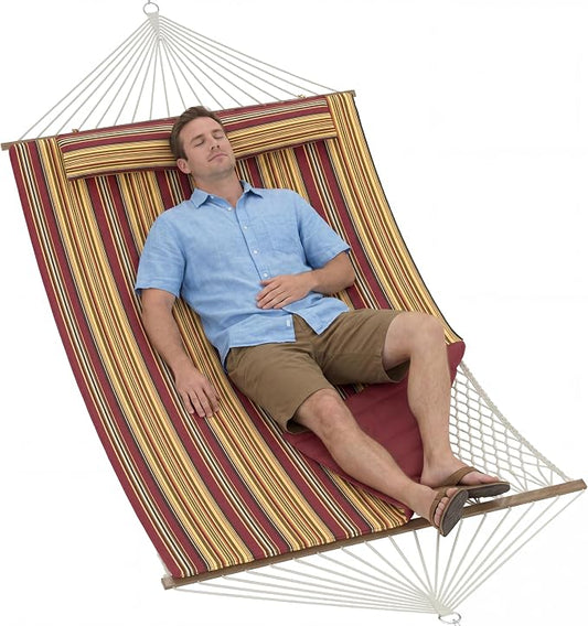 Takywep 2 Person Hammock with Polyester-Cotton Pad, 12FT Double Hammock with Wooden Spreader Bar, Removable Pillow, 450LBS Capacity, 2-in-1 Outdoor Hammock for Patio, Garden, Beach (No Stand)