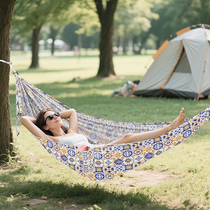 Camping Hammock Outdoor Hammocks for Outside Blue and Orange Moroccan Beach Trees Portable Lightweight with Pockets Tree Straps Indoor