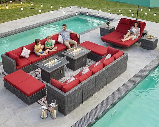 NICESOUL 20 Piece Outdoor Patio Furniture Set with Fire Pit and Chaise Lounge, 500 lbs High Weight Capacity Outdoor Sectional with Fire Pit, 16-Seat Deep Seating Sectional, Charcoal/Burgundy