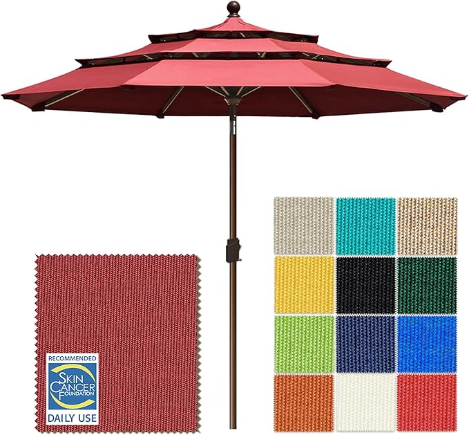 EliteShade USA 10-Year-Non-Fading 10ft 3-Tier Market Patio Umbrella, Commercial Grade Outdoor Table Umbrella with Crank Open, Windproof & UPF 50+ UV Protection, Heavy Duty Ventilation for Garden, Deck, Pool, Backyard, Beach & Bistro, Burgundy