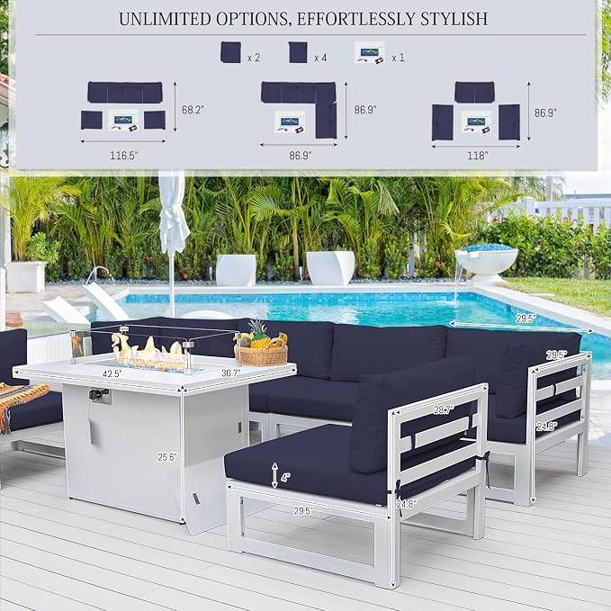 BULEXYARD 6 Seat L-Shaped Large Modern Aluminum Patio Furniture Set, All Weather Modular Sectional Sofa with Fire Pit Table, 500 lbs Heavy Duty Comfortable Outdoor Couch for Backyard Deck, Navy Blue