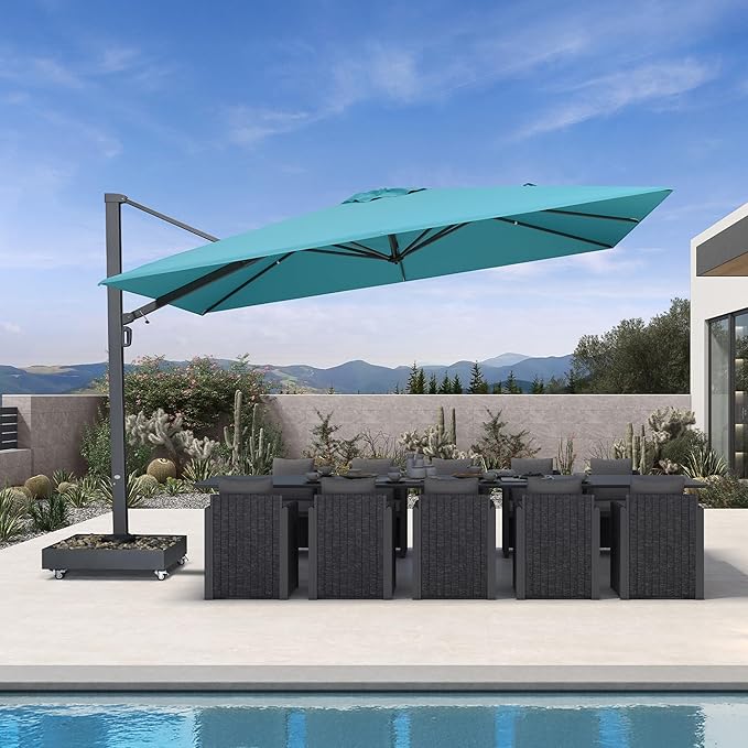 PURPLE LEAF 13' X10' Space Saving Rectangle Patio Umbrella Large Outdoor Aluminum Offset Umbrella with 360-degree Rotation Cantilever Umbrella for Garden Deck Backyard Pool Turquoise Blue
