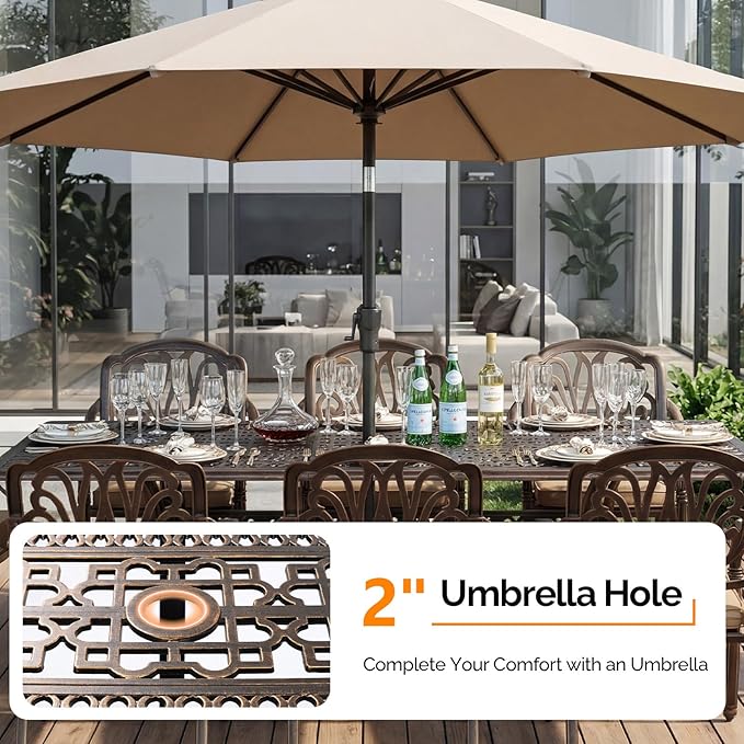 VINGLI 9 Pieces Outdoor Dining Set, Cast Aluminium All-Weather Patio Dining Set for 8 with Umbrella Hole, Outdoor Dining Table and Chairs with Cushion for Yard, Garden, Porch and Poolside, Bronze