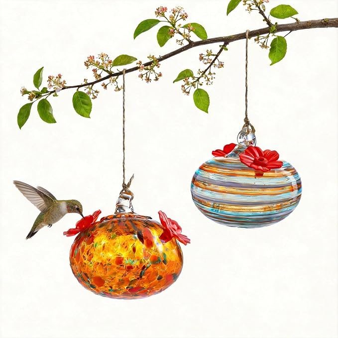 2pcs Blown Glass Hummingbird Feeders for Outdoors 3.2in Hanging Glass Humming Bird Feeders for Window Patio Decor with 2 Flower Feeding Ports