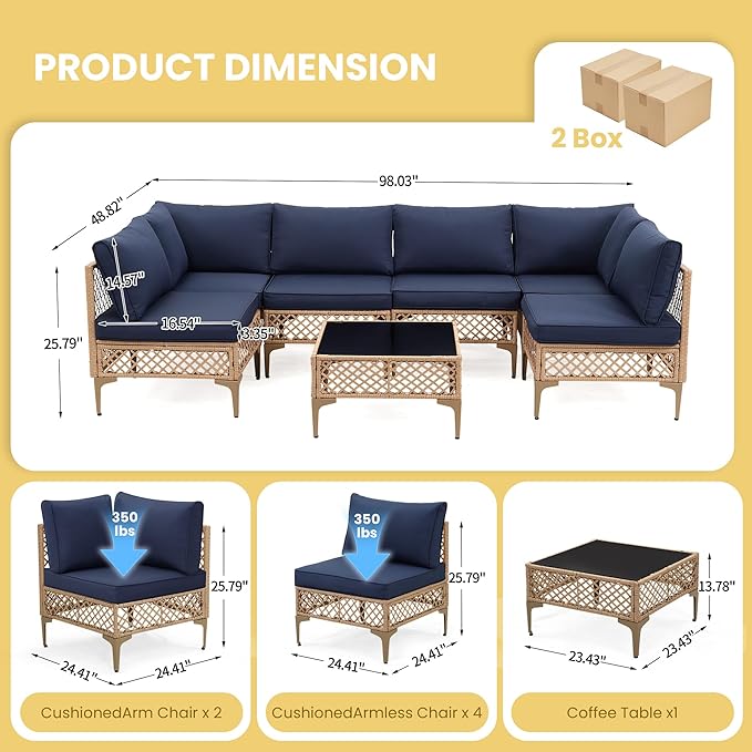 7 Piece Patio Furniture Set, Outdoor Sectional Wicker Conversation Set with Water Resistant Thick Cushions & Coffee Table for Poolside, Backyard, Garden, Yard, Natural/Blue