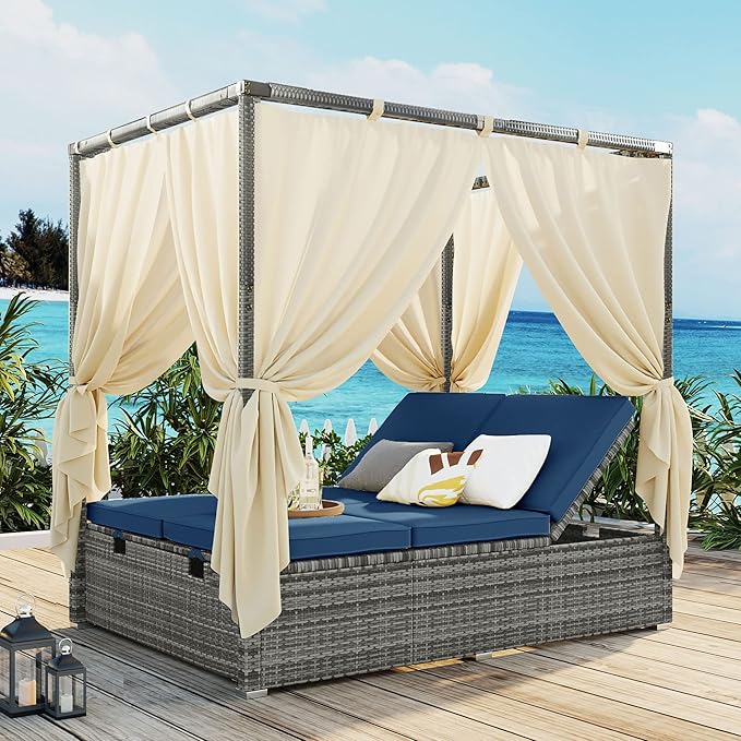 KEVINSPACE Outdoor Daybed with Curtain Canopy Bed Patio Furniture Adjustable Sunbed Set All-Weather Rattan Sun Lounger Patio Wicker Sofa Set Patio Conversation Set Curtains for Garden Yard Blue