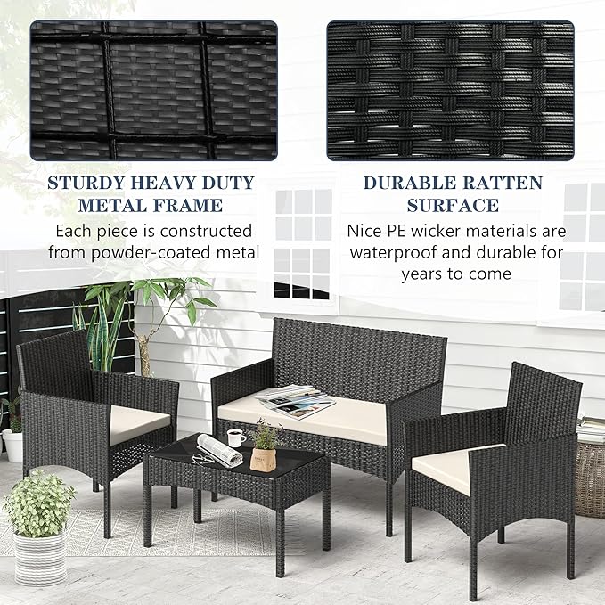 4 Pieces Patio Furniture Set, Outdoor Wicker Rattan Patio Conversation Furniture Set with Waterproof Cushion and Table for Lawn Backyard, Garden, Balcony, Porch and Poolside (Black)