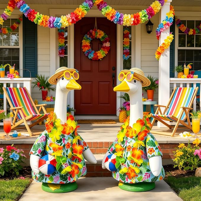 Hawaiian Porch Goose Outfits for 23" Statue, Summer Goose Clothes with Volleyball, Straw Hat, Sunglasses & Floral Wreath – Fun Tropical Lawn Decor for Garden, Patio, Beach