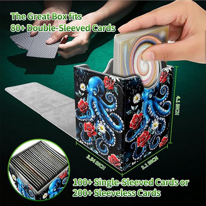 Rose Octopus Card Deck Box for MTG, Personalized Card Storage Case Fits 120+ Sleeved Cards, Premium Leather TCG Box with Strong Magnetic Closure for Magic, CCG, PTCG, Baseball Cards
