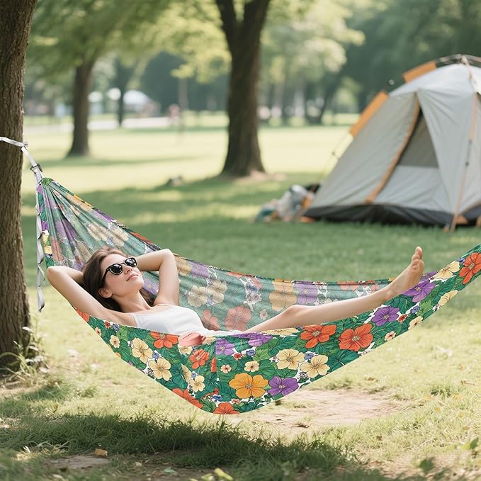 Camping Hammock Outdoor Hammocks for Outside Tropical Flowers Beach Trees Portable Lightweight with Pockets Tree Straps Indoor