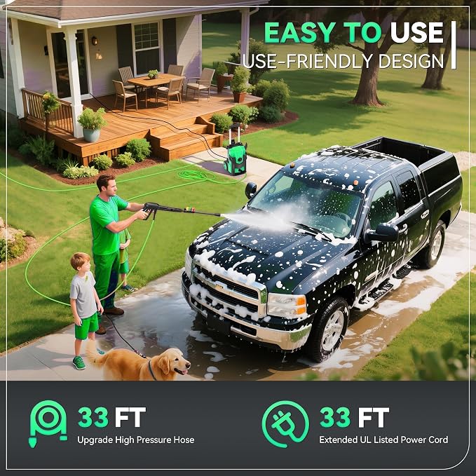 Electric Pressure Washer, 5000 PSI 4.0 GPM Heavy Duty Power Washer, with 4 Nozzles,Foam Cannon,33FT Hose Reel and 500ml Soap Bottle for Home/Cars(Grass)