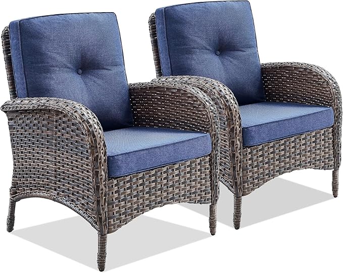 Belord Patio Club Chair Wicker Chairs - Outdoor High Back Chair Set of 2 Patio Furniture Set Rattan Seating with Removable Cushions for Porch Balcony Deck Pool Brown/Blue