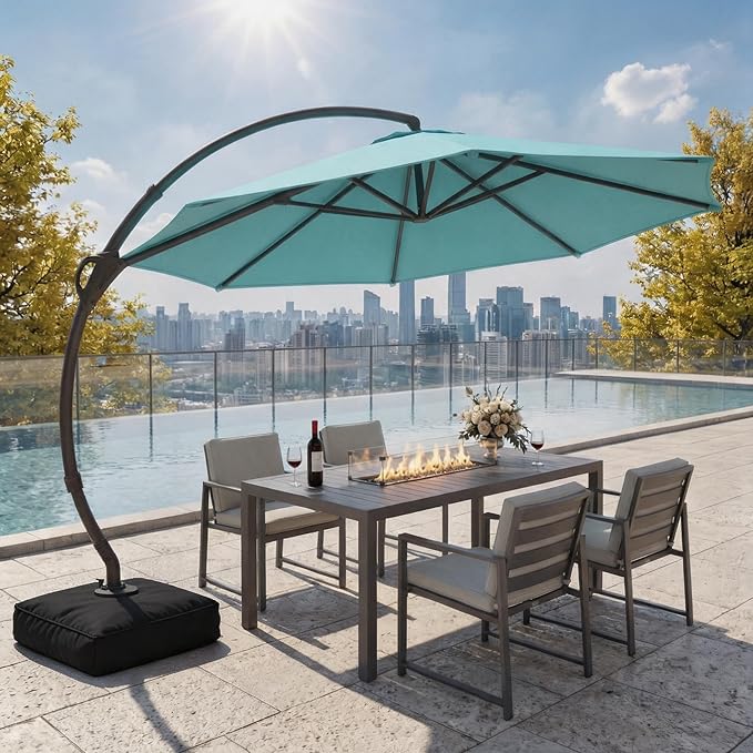 LAUSAINT HOME 12ft Patio Cantilever Umbrella with Base Included, Outdoor Curvy Round Offset Umbrella, Heavy Duty Aluminum, 360° Rotation for Pool, Deck, Lawn, Backyard (Turquoise Blue)