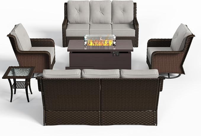 Sundale Outdoor Wicker Patio Furniture Set with Fire Pit, 6 Piece All Weather Outdoor Furniture Set with Swivel Chairs & Couch, High Back Patio Conversation Sets with 6" Cushions for Yard, Deck (Grey)