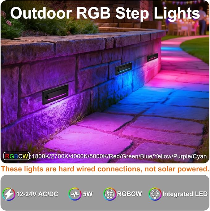Outdoor Step Lights, 5W 12V Landscape LED RGB Color Changing Outdoor Low Voltage Deck Step Stair Lights Wired for Railing Fence Retaining Wall Christmas Decorations, Heavy Duty, Black, 1PK
