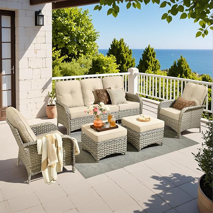 5-Piece Outdoor Patio Furniture Set,All Weather Wicker Rattan Patio Seating Sofa and Chair Set with Ottomans,Outdoor Conversation Sets with 3 Seater Couch for Porch Deck Yard,Beige