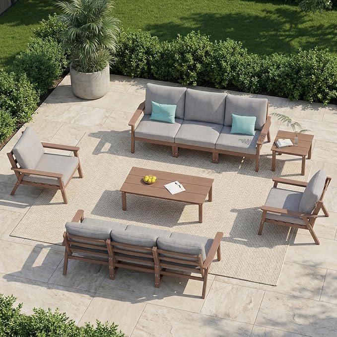 LOUNZY HDPE Patio Furniture Set,10 Pieces Sectional Outdoor Furniture Set, All Weather Outdoor Couch Set Patio Conversation Set for Deck, Lawn, Brown