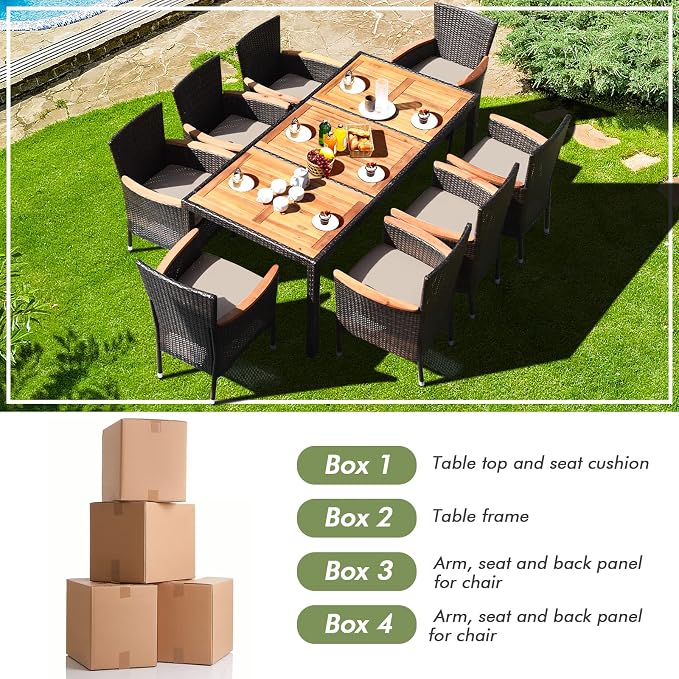 Patio Dining Set Outdoor Dining Set, 9 Pieces Wicker Patio Furniture Set with Acacia Wood Table and Chairs, Garden Dining Table Set for Backyard, Poolside, Desk, Christmas(Brown)