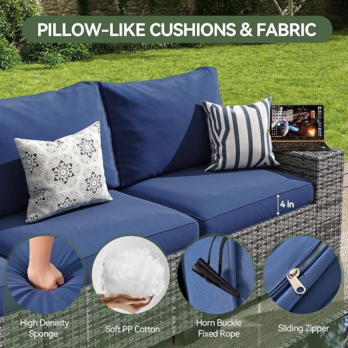 Aoxun Patio Furniture Sets with 44'' Fire Pit, 10 Pcs Outdoor Patio Coversation Set with 4'' Thicken Cushion, Widen Armrests Wicker Outdoor Sectional for Backyard (Waterproof Cover Include)