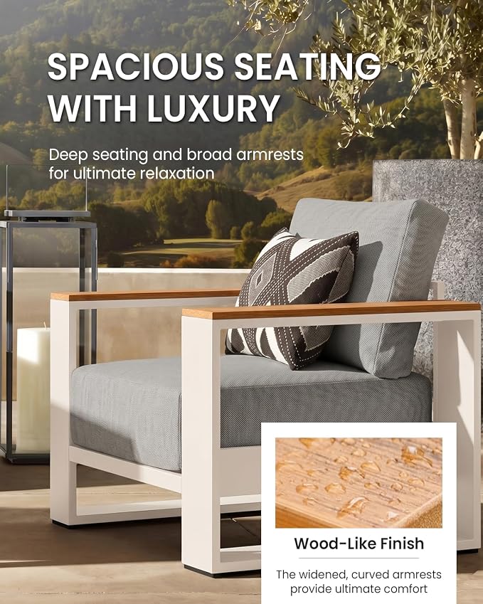 Oversized Aluminum Patio Furniture, 1 Piece Luxury Outdoor Furniture with 7.1" Extra Thick Cushion, Modern Outdoor Sectional 3-Seat Sofa for Porch, Garden and Deck, Gray