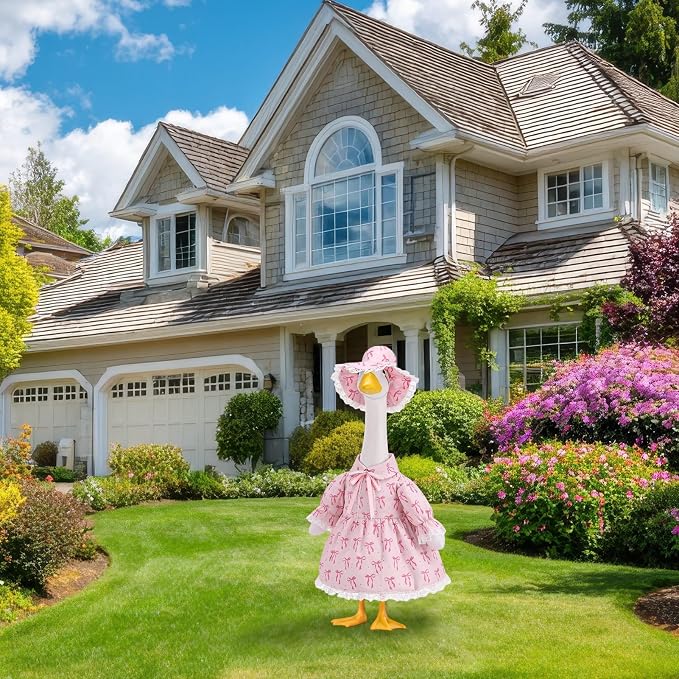 Guiquilai 2Pcs Pink Bow Porch Goose Outfit Dress Hat for 23 Inch Lawn Goose | UV Fade Resistant Polyester, Fit For 23 Inch Goose, Slip On Tool Free Wear, Pink Bow Dress Hat Set, for Easter Lawn Decor