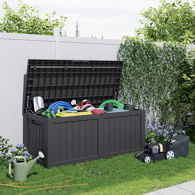 PatioZen 150 Gallon Deck Box,Resin Outdoor Storage Box with Lockable for Patio Furniture, Pool Accessories, Garden Tools Waterproof Outside Storage Box (Black)