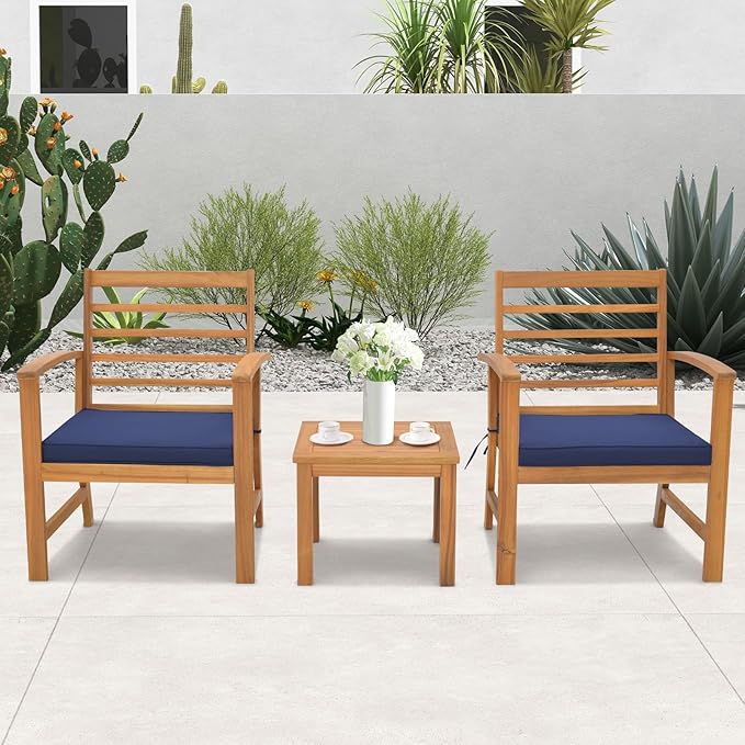 Tangkula 3 Pieces Outdoor Furniture Set, Acacia Wood Conversation Set with Soft Seat Cushions, Stable Acacia Wood Frame, Patio Sofa & Coffee Table Set for Backyard, Porch, Poolside (Navy)