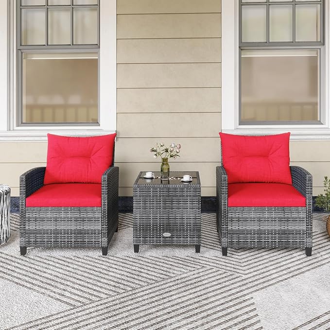 KOTEK 3 Piece Patio Furniture Set, Outdoor PE Rattan Conversation Set with Washable Cushions & Tempered Glass Tabletop, Wicker Chairs and Table Set for Porch, Garden, Balcony (Red)