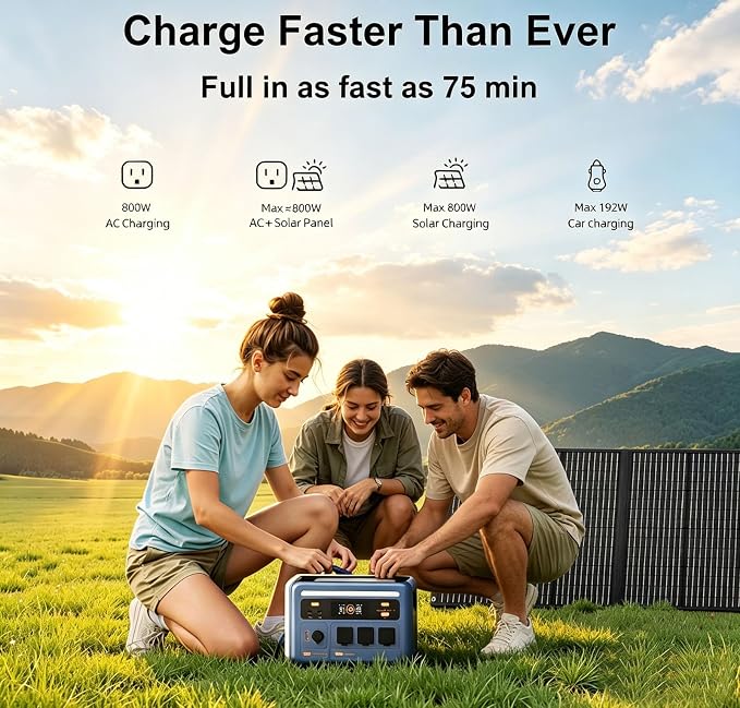 OSCAL 1800W Solar Generator with 100W Solar Panel PowerMax 1800SE, 1024Wh LiFePO4 Battery Generator with 3 AC Outlets (3600W Surge), 800W AC Charging, WI-FI/Bluetooth APP Control (PM1800SE+100W)