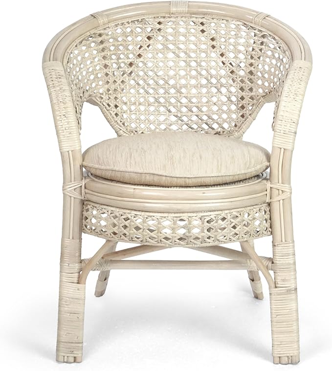 3 Pcs Pelangi Rattan Wicker Dining Set Round Table Glass Top and 2 Arm Chairs with Cream Cushion, White Color