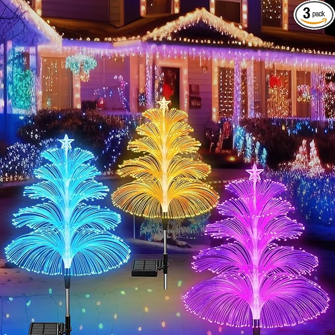 Solar Christmas Decorations Trees Lights Outdoor Waterproof Solar Christmas Tree Jellyfish Lights 5 Layer Optical Fiber 7 Color Changing for Pathway Lawn Patio Outside Decorative, 3PCS