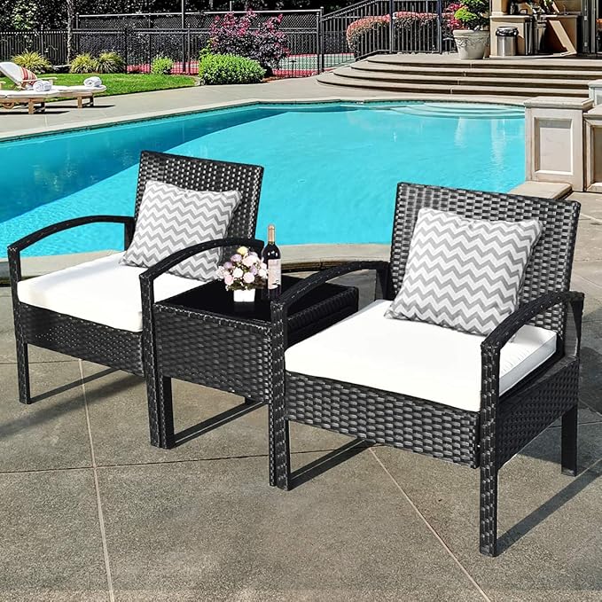 Tangkula 3 Piece Patio Conversation Set, Outdoor Rattan Sofa Set with White Seat Cushions & Coffee Table, Patio Wicker Furniture Set for Garden Balcony Backyard Poolside (Black)