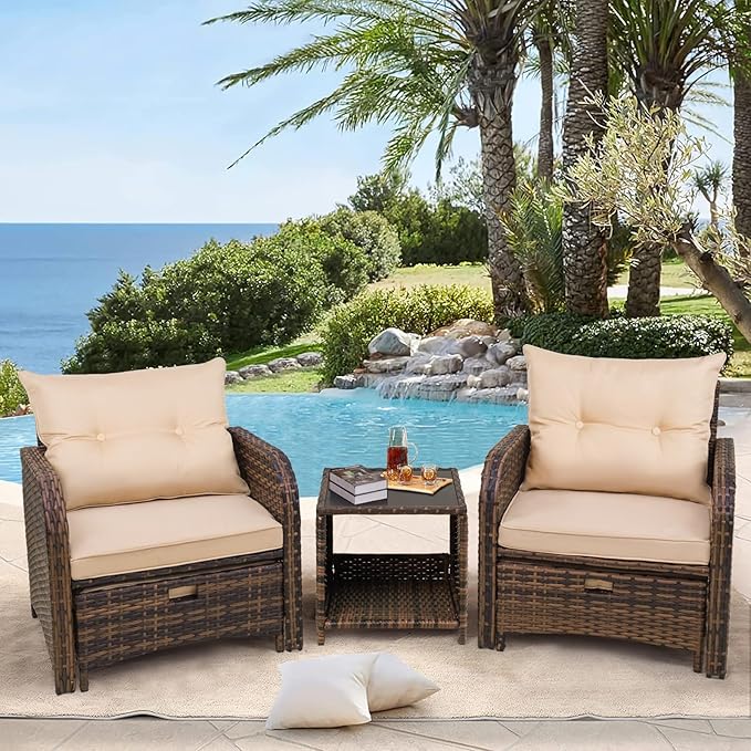 5 Pieces Patio Chairs Set with Ottomans, All Weather PE Rattan, Outdoor Conversation Furniture with Table, Beige