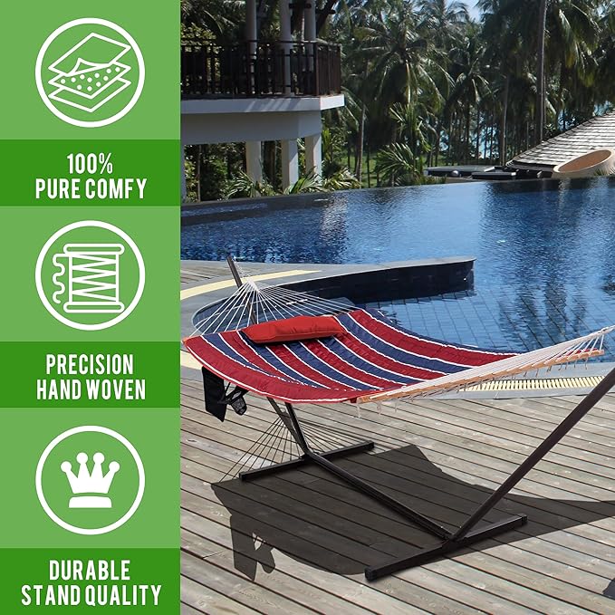 Lazy Daze Hammocks Double Hammock with 12 ft Steel Stand, 2 Person Cotton Rope Hammock with Quilted Pad, Spreader Bars, Detachable Pillow, Mag Bag & Cup Holder, Red&Navy Stripe