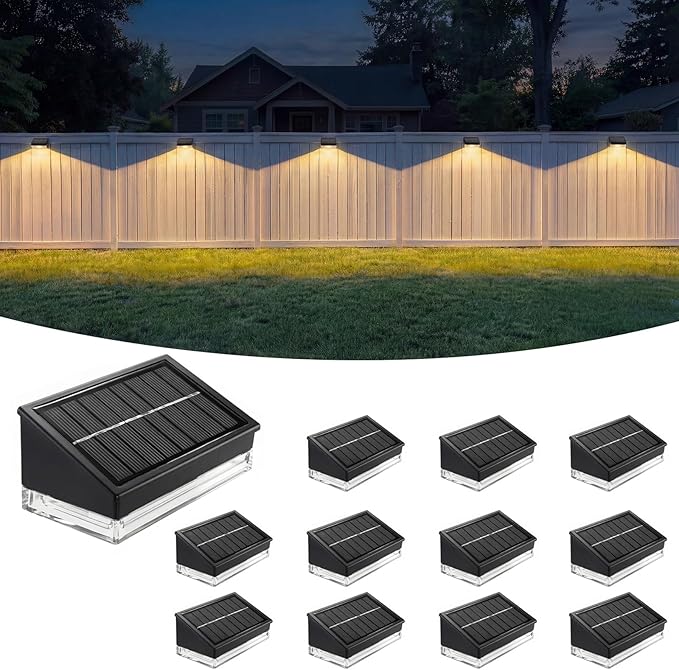 NIORSUN Solar Fence Lights 12 Pack, Outdoor Solar Lights with 3 Color Temperatures, IP65 Waterproof Wide-Angle LED Lighting for Fence, Patio, Yard, Deck, Wall, Garden (Black)