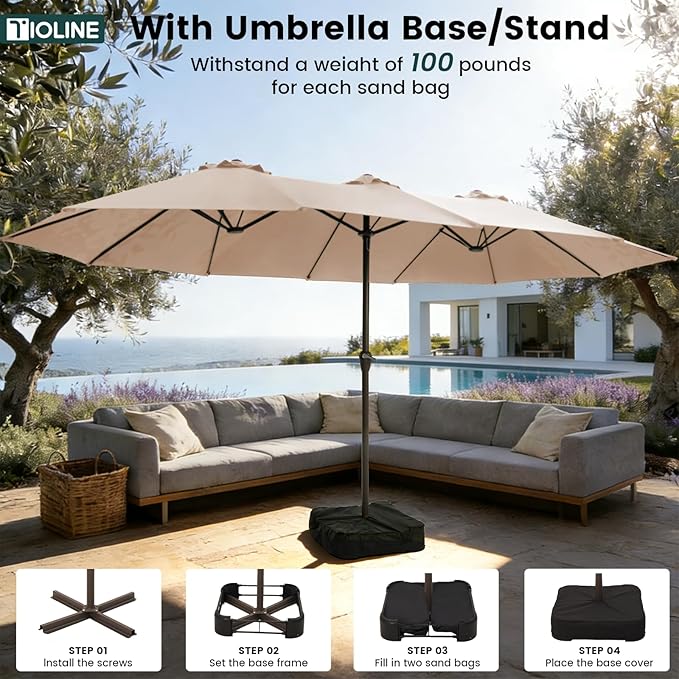 15FT Large Patio Umbrellas with Base Included, Outdoor Double-Sided Rectangle Big Market Umbrella with Stand, Outside Umbrellas for Poolside Lawn Backyard,Beige