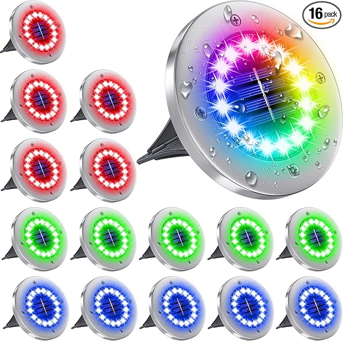 NFESOLAR 16 Pack Solar Lights Outdoor, 16 LEDs Multi-Color Solar Ground Lights Waterproof Landscape Light for Pathway Garden Walkway Driveway Yard Decorations