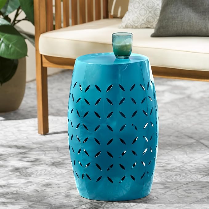 Merax Outdoor and Indoor Patio Garden Lace Cut Iron End Side Table, Round Hollow Drum Shape, for Small Spaces, Living Room, Front Porch, and Poolside, Blue