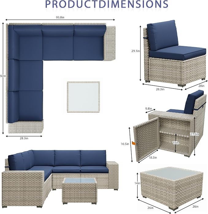 13 Piece Patio Furniture Set with 50,000 BTU Rattan Fire Pit Table that Converts to Coffee Table, 9.8" Wide Arm Sectional Sofa with Storage Armrests, Outdoor Rattan Conversation Set, Blue